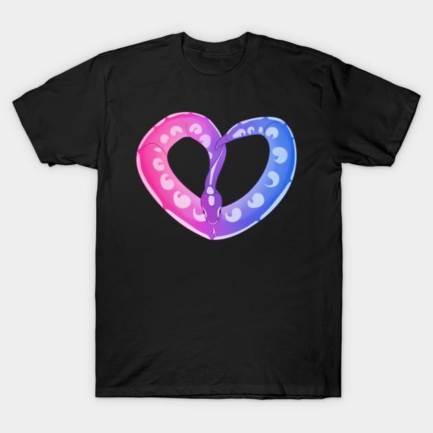 Ball Python Heart (Bi Pride Design) T-Shirt by larkspurhearts